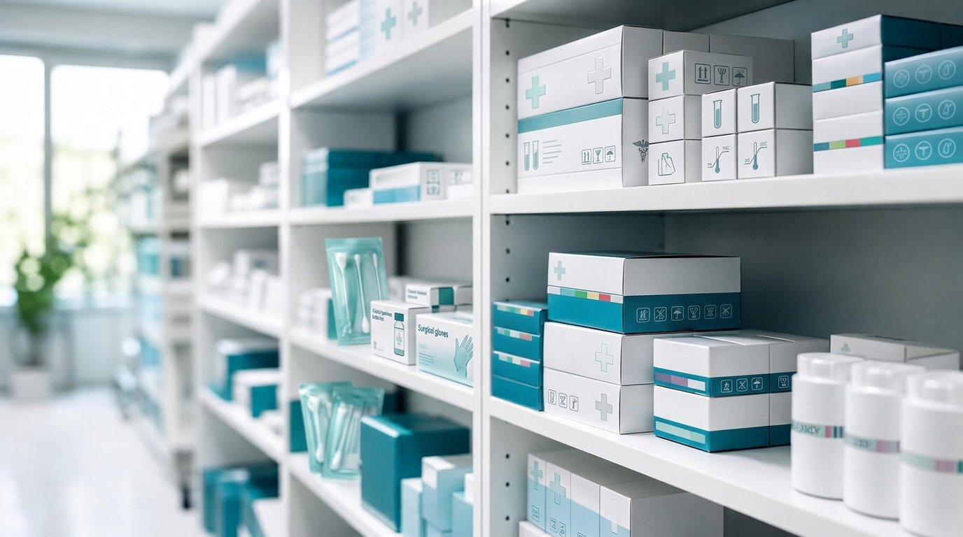 Organized medical supply cartons on clean shelving